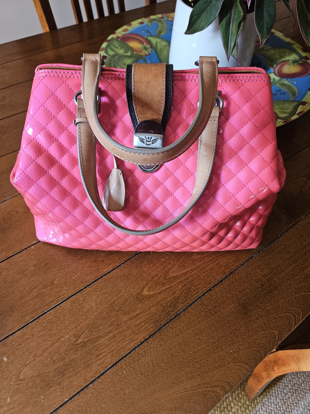 Consuela Scream Pink Quilted Medium Tote with Tan Leather Handles RARE